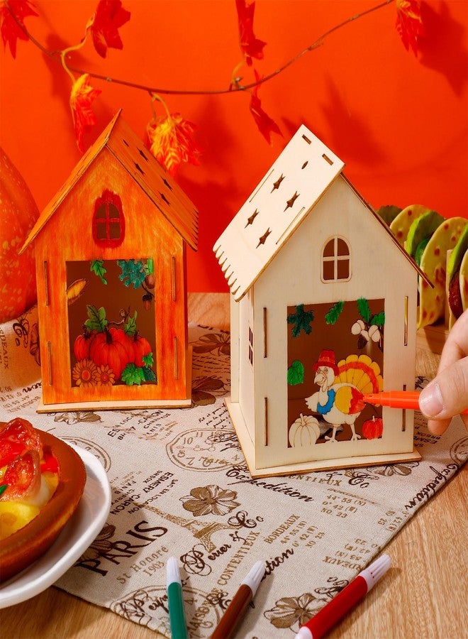 Soaoo 9 Sets Thanksgiving Wooden House with 12 Pcs Watercolor Pens Fall Wooden Houses for Crafts Kids' Wood Craft Kits for Thanksgiving Party Supplies DIY Paint Art - Image 5